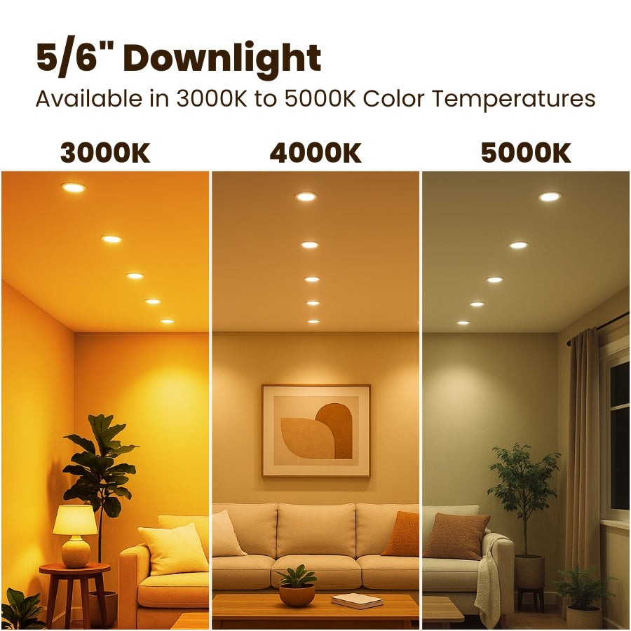 6" LED Retrofit Recessed Downlight, 15W (120W Equivalent), 1100 Lumens, 5CCT Selectable (2700K/3000K/3500K/4000K/5000K), Dimmable, ETL & Energy Star Listed
