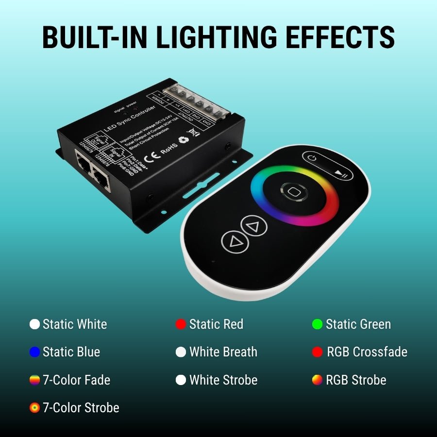 RGB LED Controller with RF Touch Remote - DC12V-24V, 3 Channel Dimmer, 432W Max Output - 10 Lighting Modes, Sync Function, Short Circuit Protection - for LED Strip Lights, Common Anode