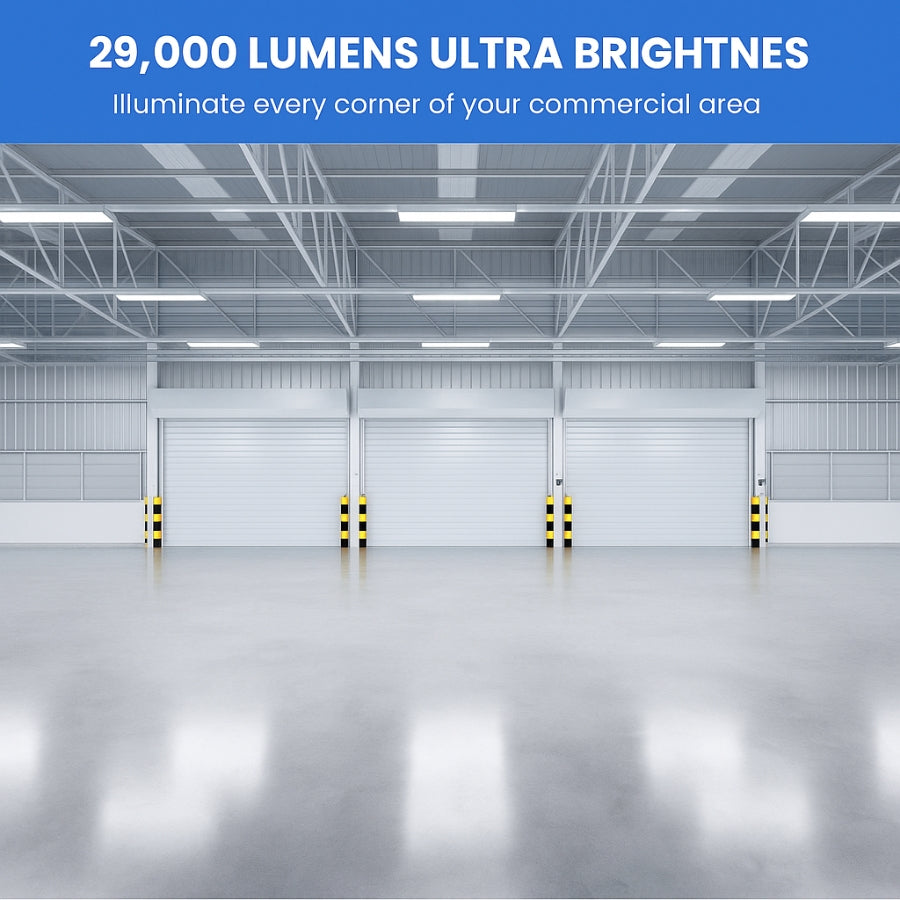 4FT LED Linear High Bay Light, 320W, 29,000 Lumens, 5000K Cool White, Frosted Lens, Chain Mount, Damp Rated IP20, 120-277V, UL/DLC Listed