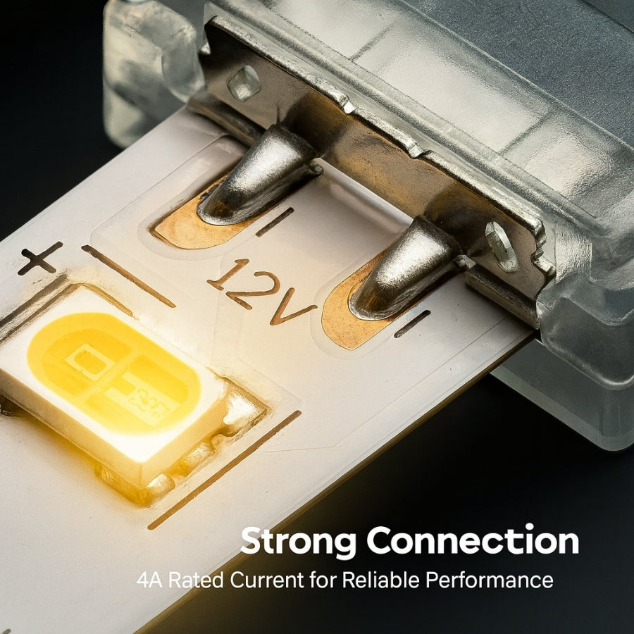 PCB-to-PCB 2-Pin Solderless Connectors for 10mm Single Color LED Strip Lights - CE Certified, IP20, 4A Rated, Easy Snap-On, Seamless End-to-End Connection