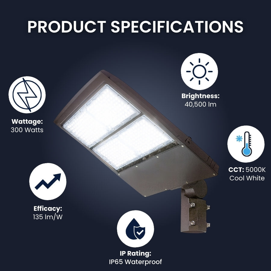 300W LED Parking Lot Light, Metal Halide Equivalent, 40,500 Lumens, 5000K Cool White, Type III-M Distribution, Dimmable 1-10V, IP65 Waterproof, Bronze Housing, Optional Photocell, DLC 5.1 Premium, 120-277V, 5-Year Warranty