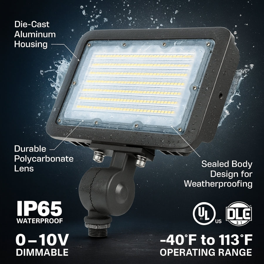 LED Flood Light – Knuckle Mount, Selectable Wattage (30W/40W/50W) & CCT (3000K/4000K/5000K), 7,250 lm, 200W MH Equivalent, IP65 Waterproof, Integrated Photocell, UL/DLC Certified, Dimmable 0-10V, 50,000 Hrs, 5-Year Warranty