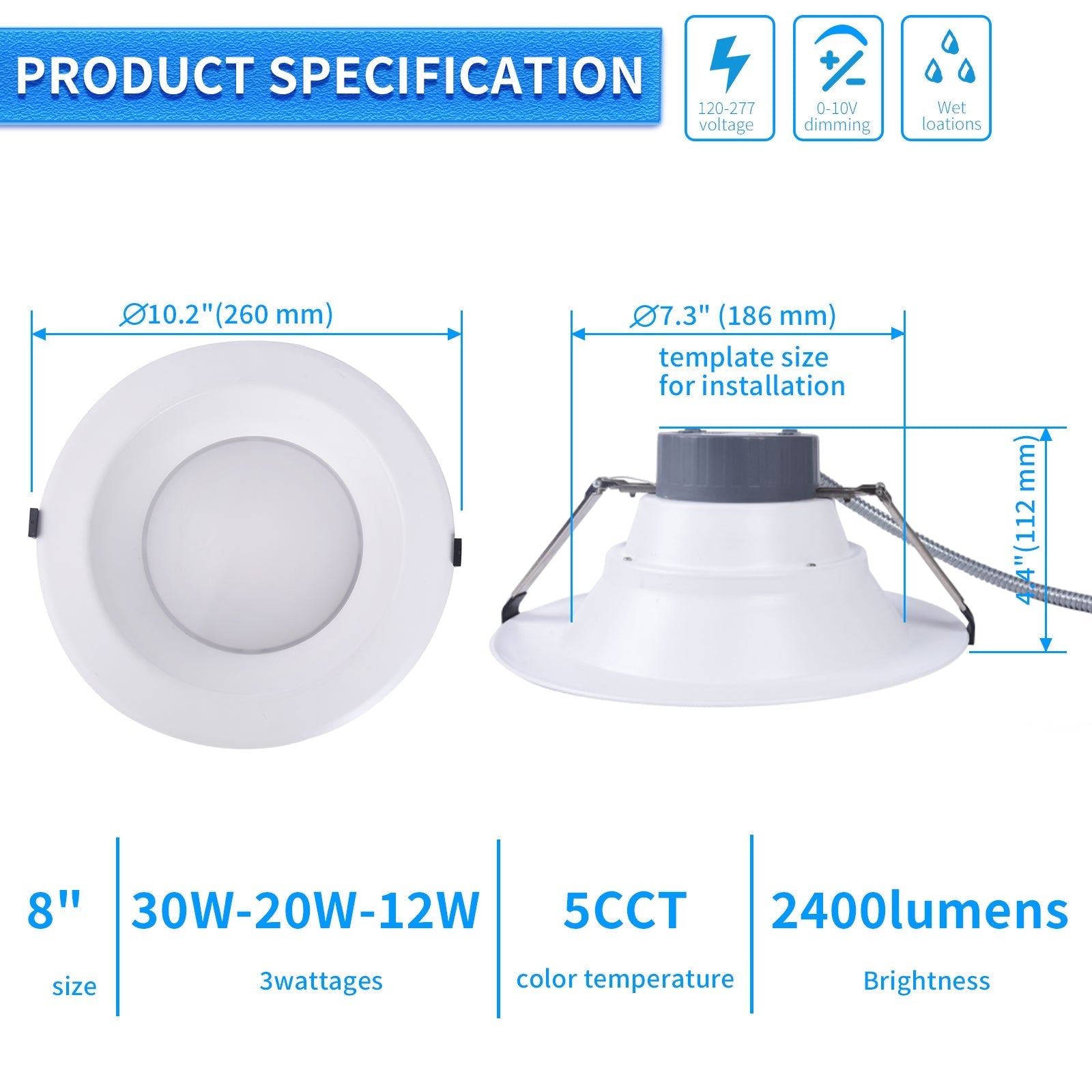 Recessed LED Lighting, 8 Inch, Commercial Recessed Downlights, Brightness 2400lms, Wattage Adjustable 12/20/30W, 0-10V Dimmable Ceiling Light Fixture, 5 CCT 2700K-5000K, 120-277V IC Rated UL & Energy Star