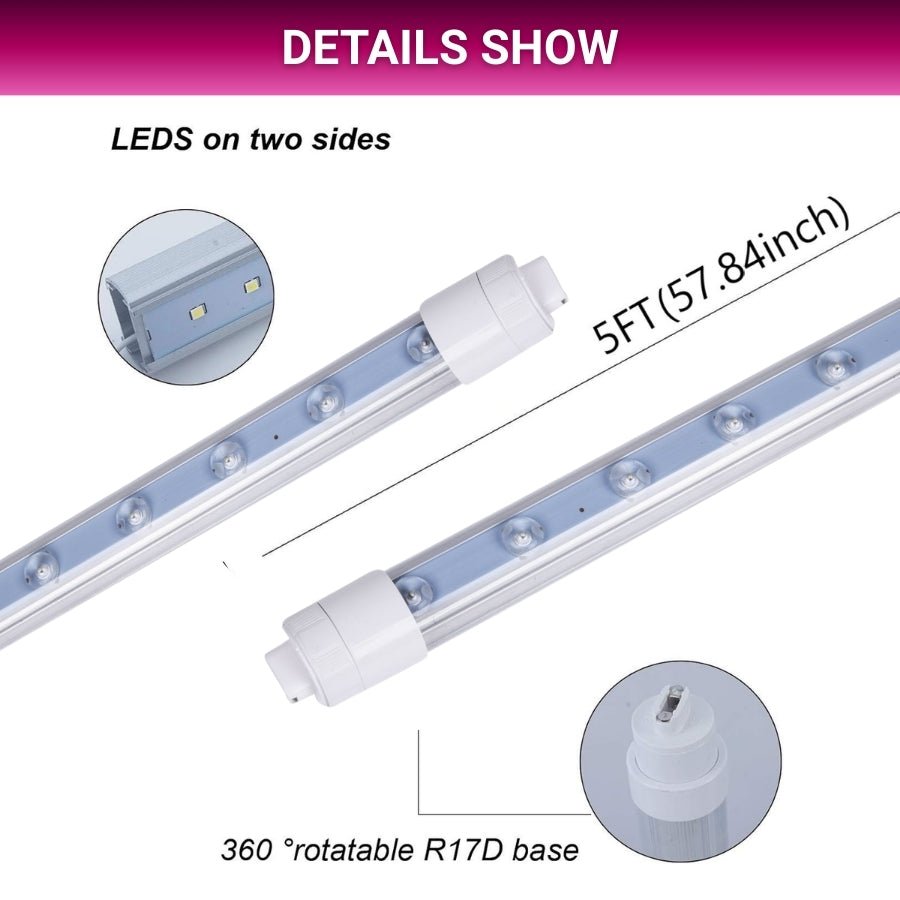 5ft LED Tube Lights, 36W T8 Double-Sided, 6500K Cool White, R17D Rotatable Base, Ballast Bypass, Waterproof Design – Ideal for LED Lights Advertising Signs and Commercial Use