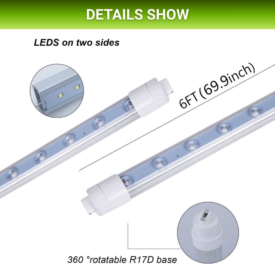 6FT LED Shop Light, 40W Tube Light Bulb, 6500K Cool White, R17D Double-Sided, 360° Rotatable Base, Ballast Bypass – Ideal for Shop/Sign Lighting
