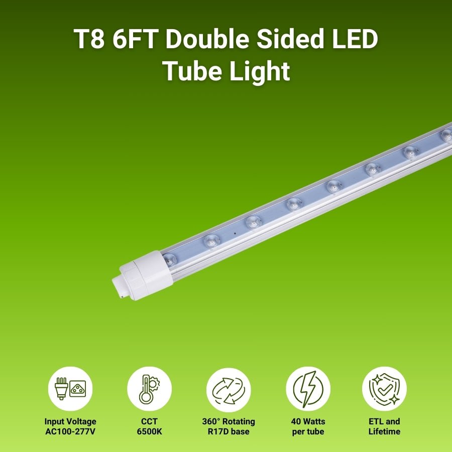 6FT LED Shop Light, 40W Tube Light Bulb, 6500K Cool White, R17D Double-Sided, 360° Rotatable Base, Ballast Bypass – Ideal for Shop/Sign Lighting