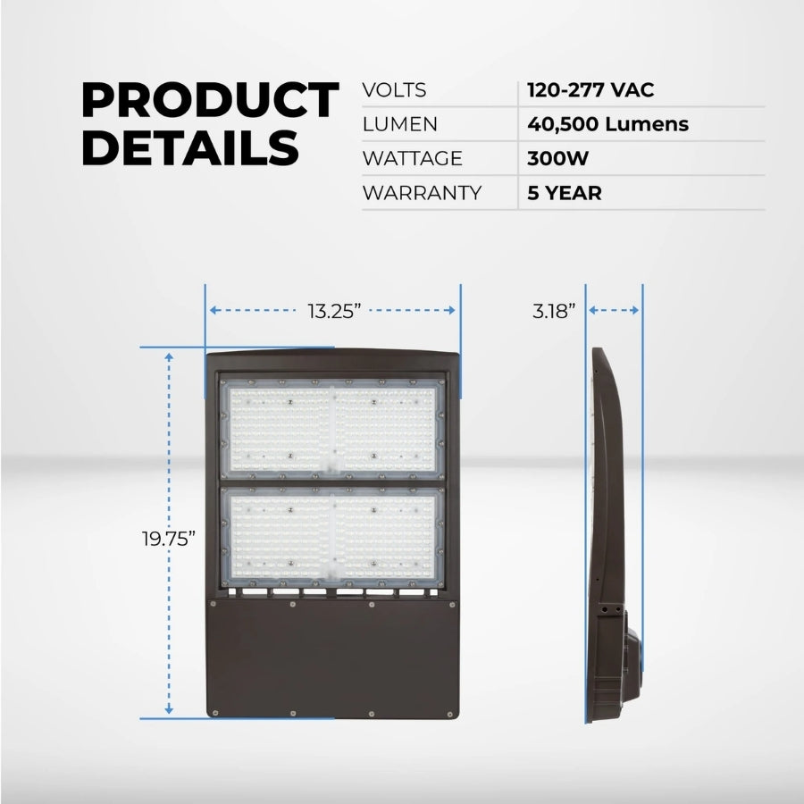 300W LED Parking Lot Light, Metal Halide Equivalent, 40,500 Lumens, 5000K Cool White, Type III-M Distribution, Dimmable 1-10V, IP65 Waterproof, Bronze Housing, Optional Photocell, DLC 5.1 Premium, 120-277V, 5-Year Warranty