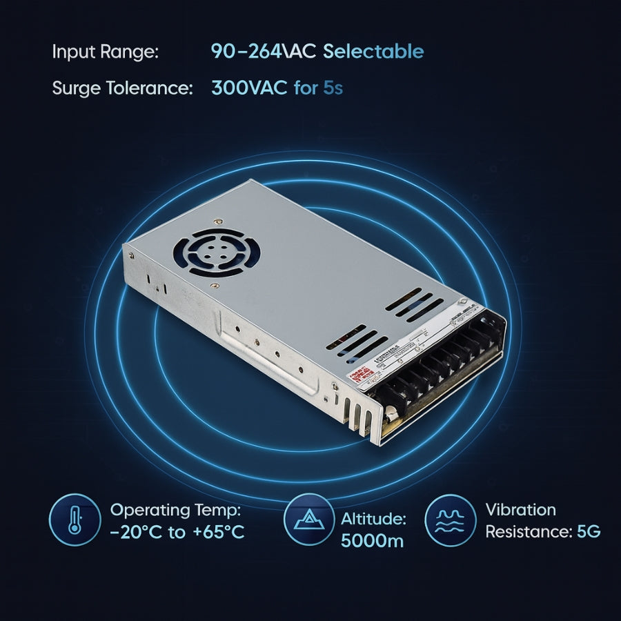 LRS-600 600W Single Output Switching Power Supply - 90-264VAC Input, UL/CE/RoHS Certified, 86-92% Efficiency, Multi-Voltage Output, Compact 41mm Low-Profile, Industrial Grade, 3-Year Warranty