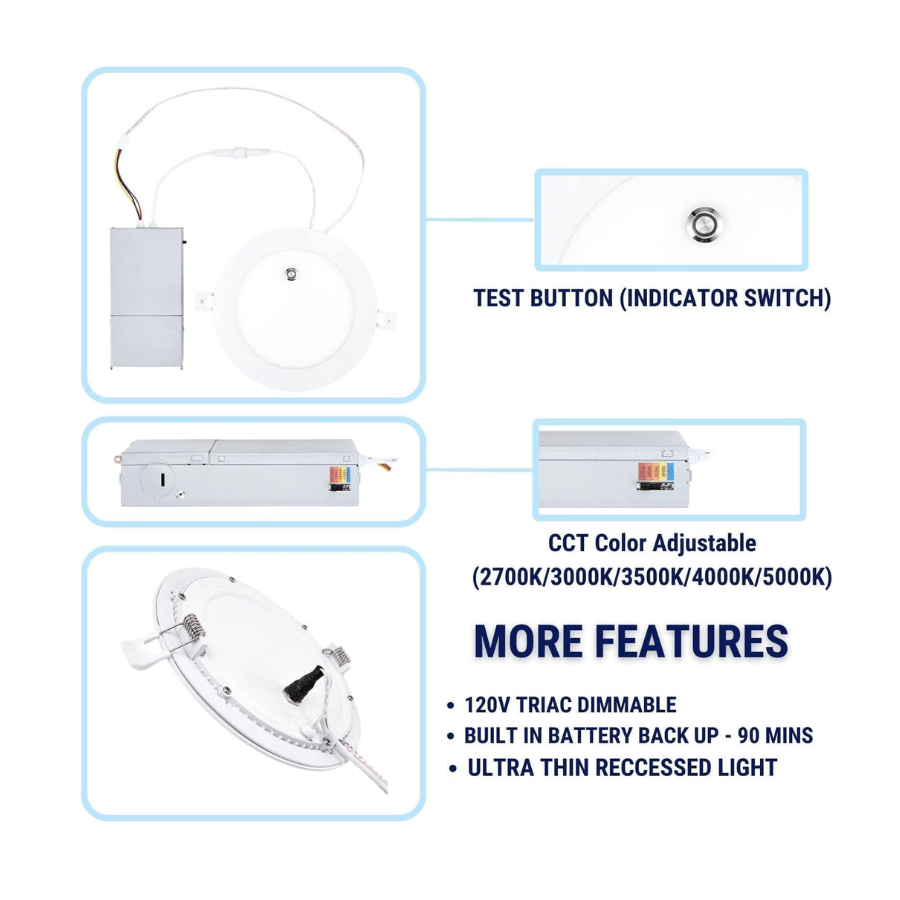 LED 6" Dimmable Downlight Can W/ 90 Min Emergency Battery Backup, 12w, 5 CCT Selectable 2700-5000k, Ultra-Slim LED Recessed Light, 1080 Lumens, 80 CRI| UL/ETL/IC/Damp Rated, Energy Star