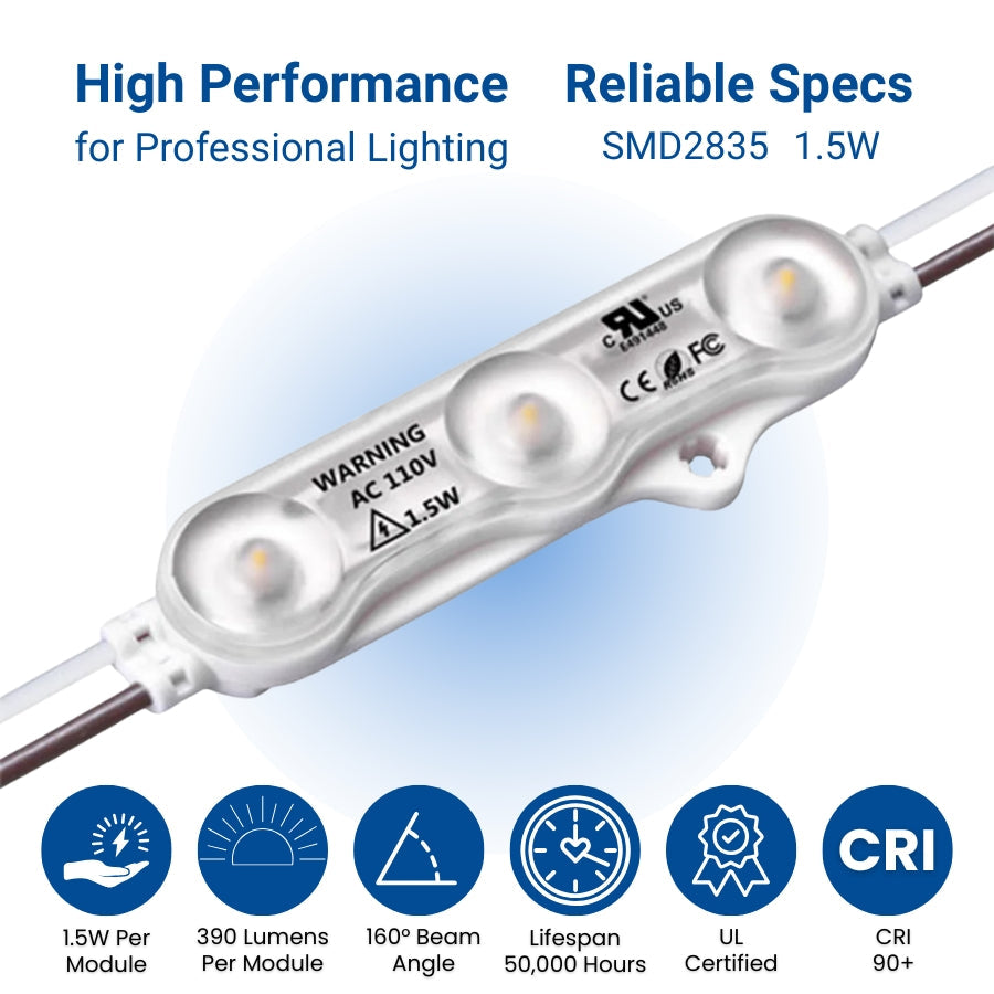 LED Modules SMD 2835 1.5W 100pcs Set - Red/Green/White, 390LM/Module, 110V/220V Direct Power, IP65 Waterproof, 130LM/W, CRI 90+, Dimmable, UL Certified, 50,000 Hrs, 3-Year Warranty, 48FT Length