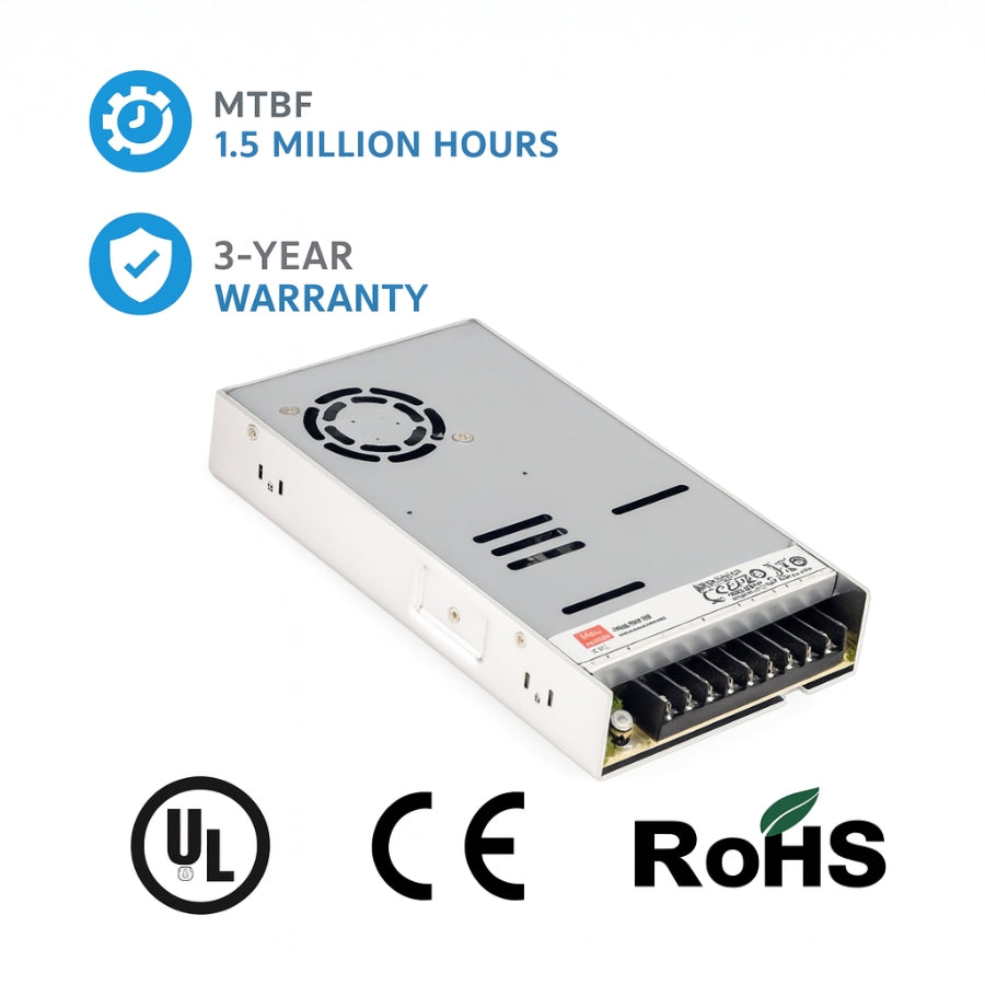 LRS-450 450W Single Output Switching Power Supply - 90-264VAC Input, UL/CE/RoHS Certified, 87-92% Efficiency, 12V/24V Output, Compact 35mm Low-Profile, Industrial Grade, 3-Year Warranty