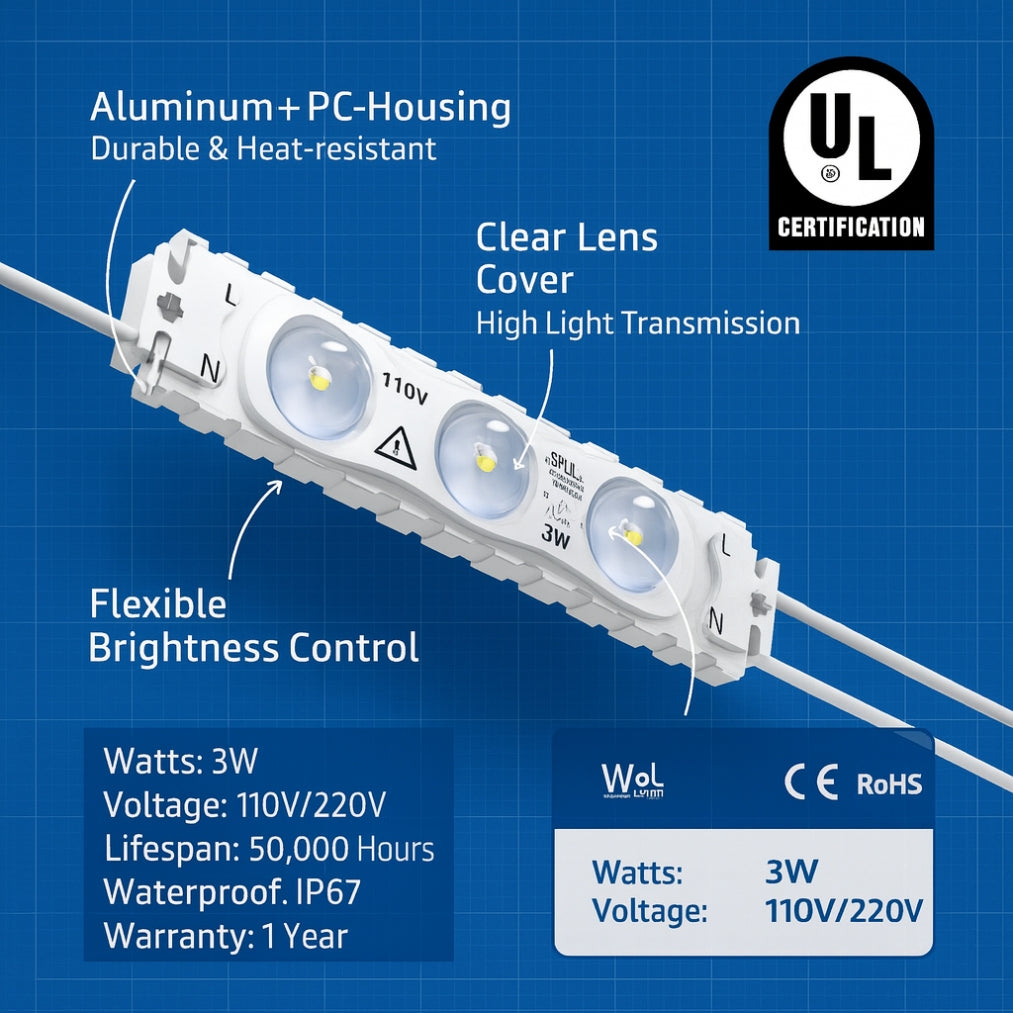LED Module String Lights - Red/Green/White, 3W/Module, 390LM, 110V/220V, 130LM/W, CRI 90+, IP67 Waterproof, Dimmable, 48FT, UL Certified, 50,000 Hrs Lifespan