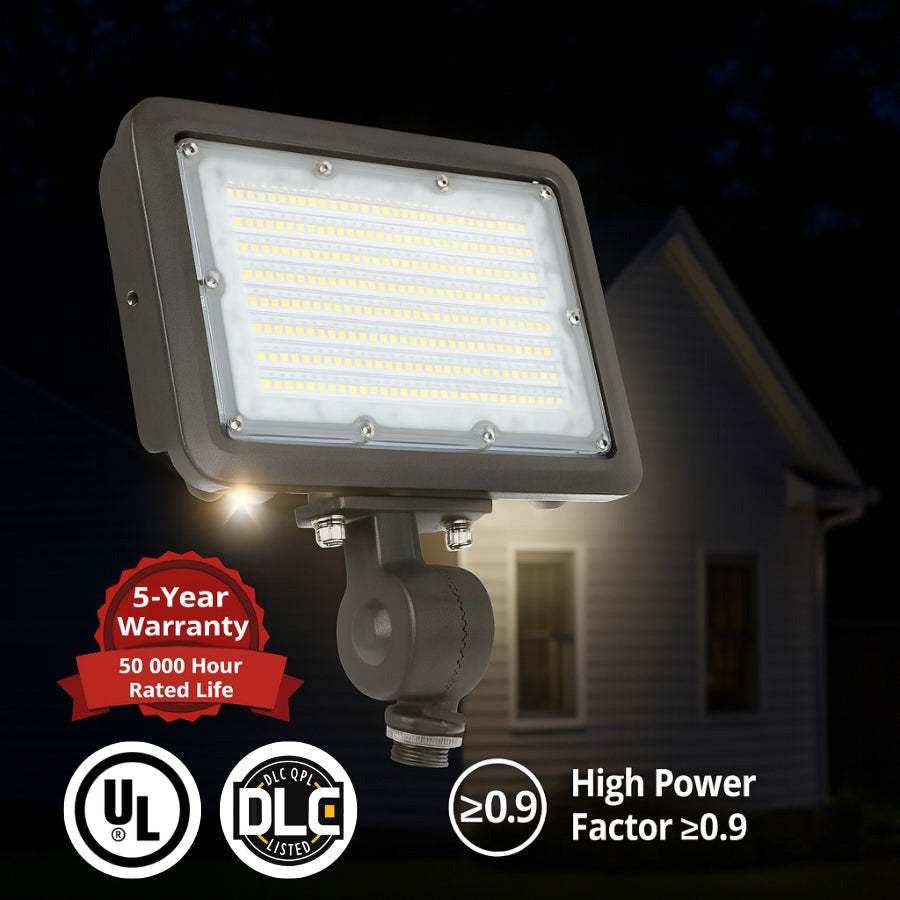LED Flood Light – Knuckle Mount, Selectable Wattage (30W/40W/50W) & CCT (3000K/4000K/5000K), 7,250 lm, 200W MH Equivalent, IP65 Waterproof, Integrated Photocell, UL/DLC Certified, Dimmable 0-10V, 50,000 Hrs, 5-Year Warranty