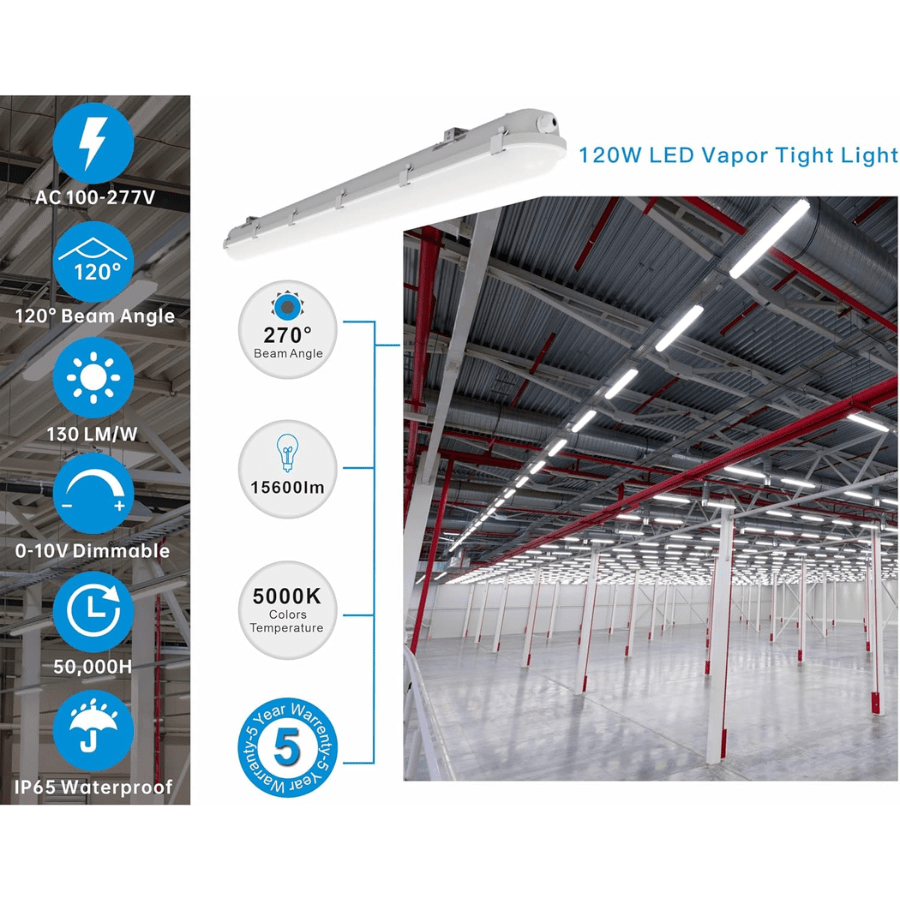 8FT LED Vapor Tight Light Fixtures 120W/110W/100W/90W Adjustable, 3K/3.5K/4K/5K/6.5K 5CCT Selectable, Dimmable IP65 Vapor Proof Lighting For Shop Light For Parking Carport Car Wash,ETL Listed