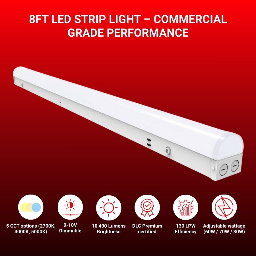 8FT LED Strip Light - Wattage Adjustable Up To 90W, Color Tunable 3500K/4000K/5000K, Dimmable, Ceiling Light Fixture, Energy Efficient Lighting