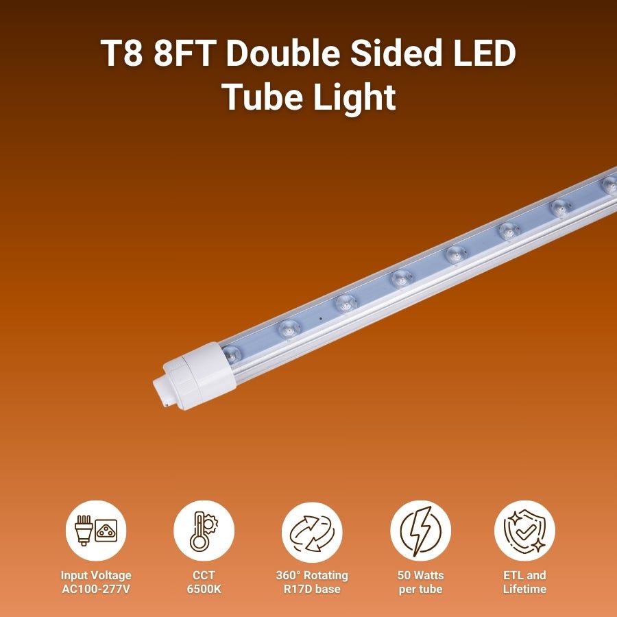 "8ft LED Tube Lights, 50W T8 Double-Sided, 6500K Cool White, R17D Rotatable Base, Ballast Bypass, Waterproof Design – Ideal for Shop Signs, Bus Stops, Hotels & Malls "