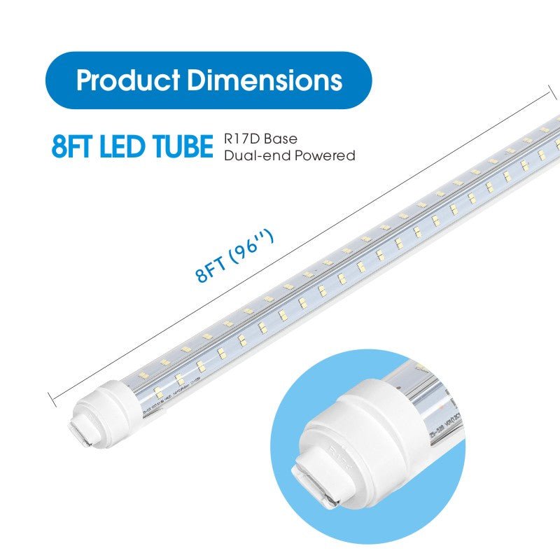 LED Tube Lights – Super Bright 8FT V-Shaped R17D/HO, 80W 10800lm, 270° Angle, 6500K Cool White, 4-Row, Clear Cover, Ballast Bypass, AC100-277V