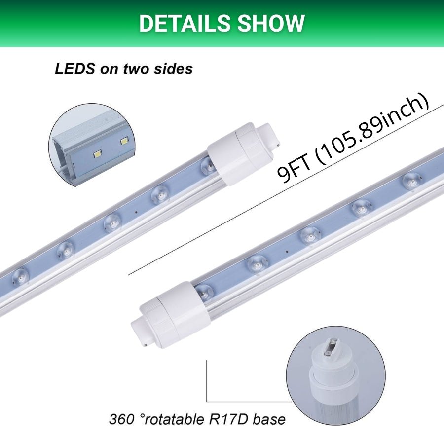 9FT LED Tube Light, 55W T8 Double-Sided, 6500K Cool White, R17D Rotatable Base, Waterproof Design, Ballast Bypass - Ideal for Bus Stops, Shopping Malls, Hotels & Sign Lighting