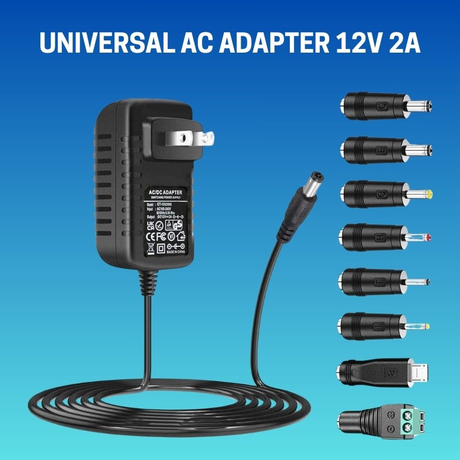 Battery Charger Power Supply - 12V 2A AC to DC Adapter, 24W Power Converter, AC110V to DC12V Transformer with 8 DC Plug Tips - Compatible with 12V 500mA to 2000mA Devices