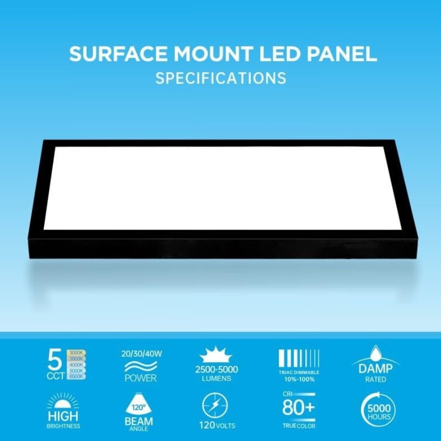 1x2 LED Panel Light Surface Mount – 20W/30W/40W, 5CCT, Triac Dimmable, 2500-5000LM Ceiling Light for Kitchen, Office, Garage Lighting
