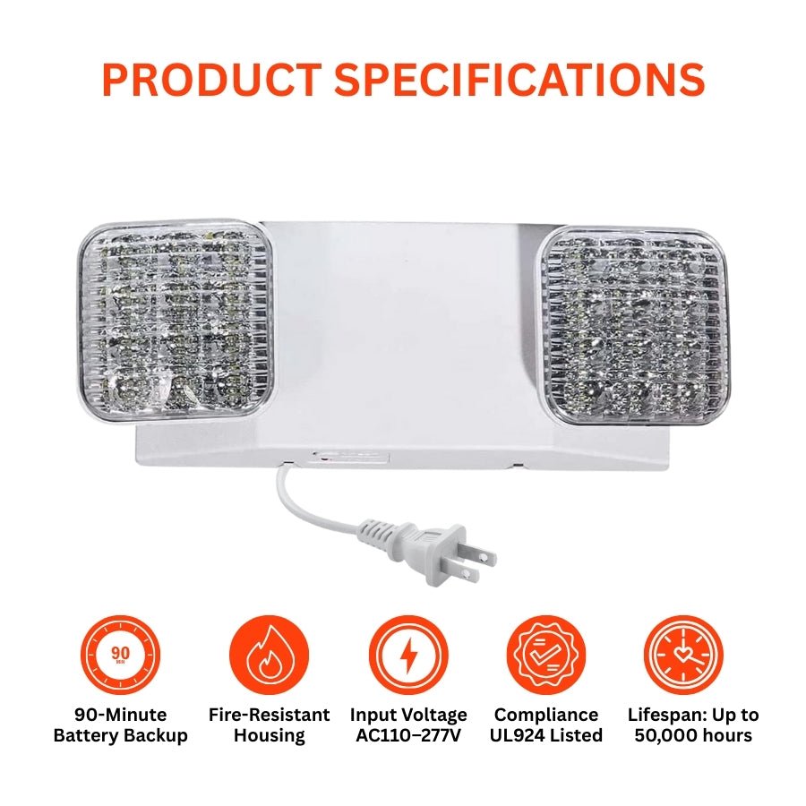 LED Emergency Lights, Commercial Lighting For Business, Power Outages, Offices, With Backup Battery (90 Minutes), Wall Mount, Hard Wired, 110-277V, Fire Resistant (94V-0) UL