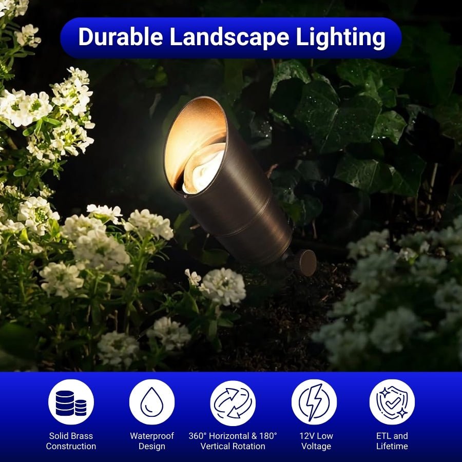 Low Voltage Landscape Spotlights – Brass LED Outdoor Lighting, 12V Waterproof Wired Fixtures for Garden, Yard, Tree, or House Without MR16 Bulb