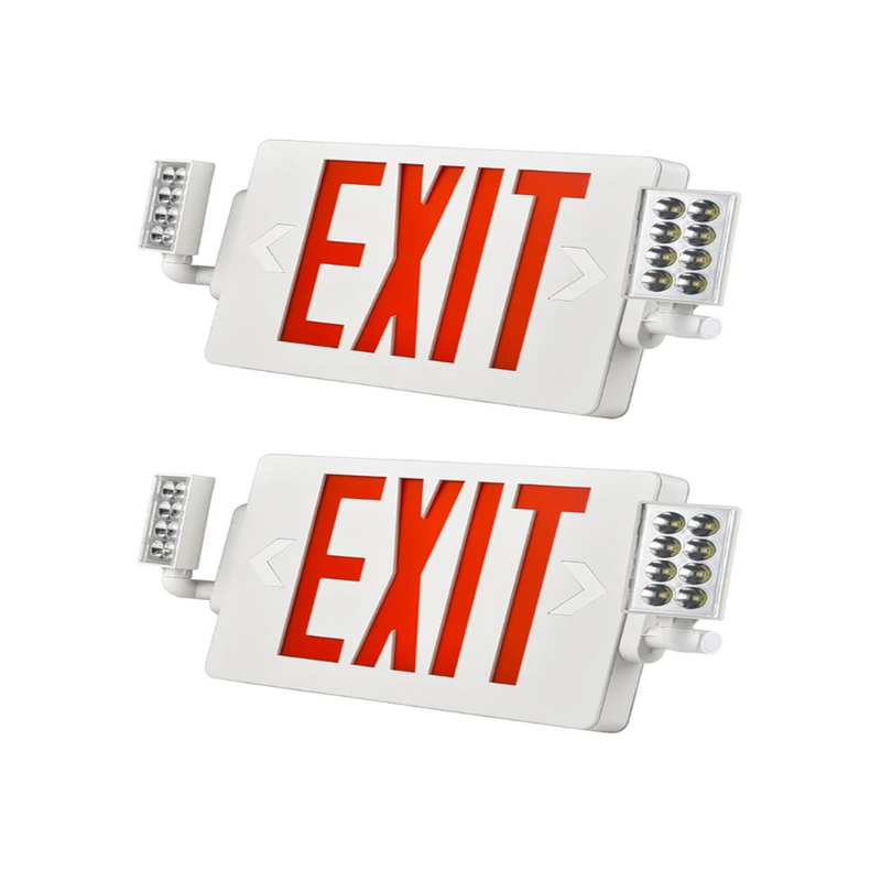 Double Sided LED Emergency EXIT Sign Combo, Two LED Lights, Backup Battery, US Standard Red Letter Emergency Exit Lighting, Commercial Grade, 120-277V, Fire Resistant (UL 94V-0)
