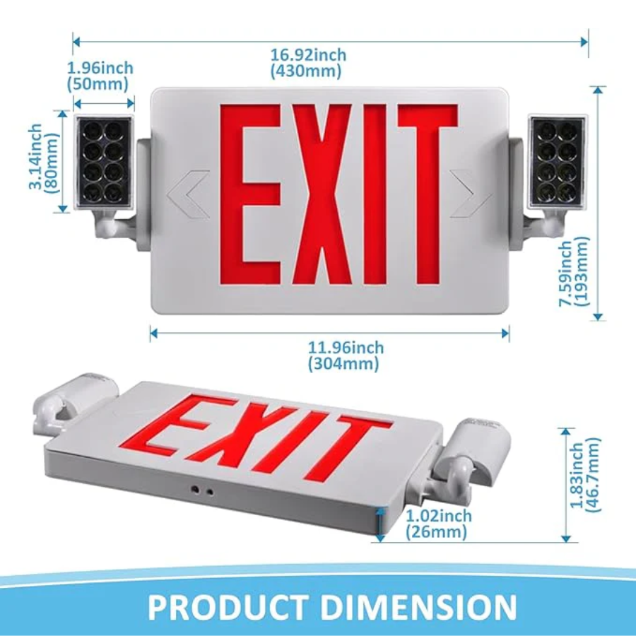 Double Sided LED Emergency EXIT Sign Combo, Two LED Lights, Backup Battery, US Standard Red Letter Emergency Exit Lighting, Commercial Grade, 120-277V, Fire Resistant (UL 94V-0)