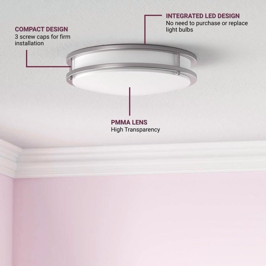 12 inch Dimmable LED Flush Mount Ceiling Light Fixture, Brushed Nickel, 16W, 1350LM, 2.7K/3.5K/4K/5K/6.5K Adjustbale, 120deg Light Angle, CRI80, Ceiling Lamp for Bedroom, Kitchen, Office, ETL Listed
