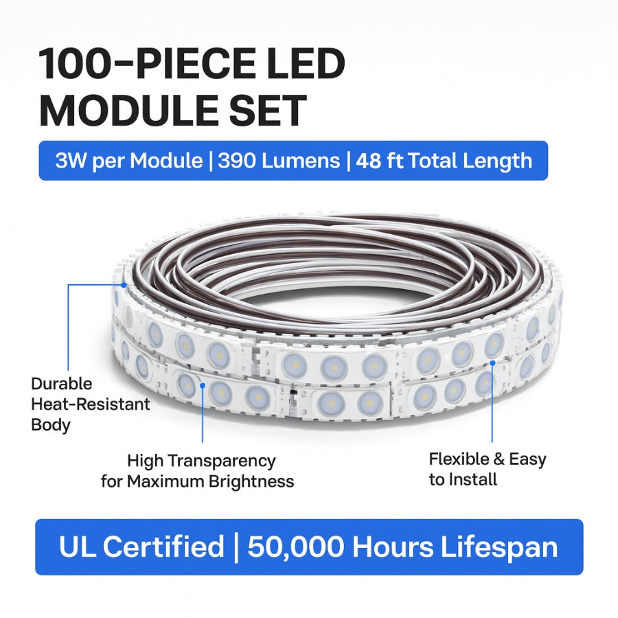 LED Module String Lights - Red/Green/White, 3W/Module, 390LM, 110V/220V, 130LM/W, CRI 90+, IP67 Waterproof, Dimmable, 48FT, UL Certified, 50,000 Hrs Lifespan