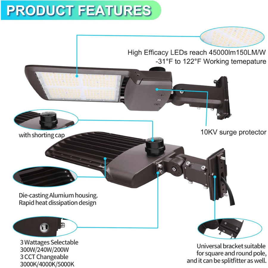300W/240W/200W LED Parking Lot Lights, Power & CCT Selectable 3000K/4000K/5000K, 45000 Lumens, AC277–480V Shoebox Area Light, IP65 Waterproof, Universal Bracket, UL/DLC Listed