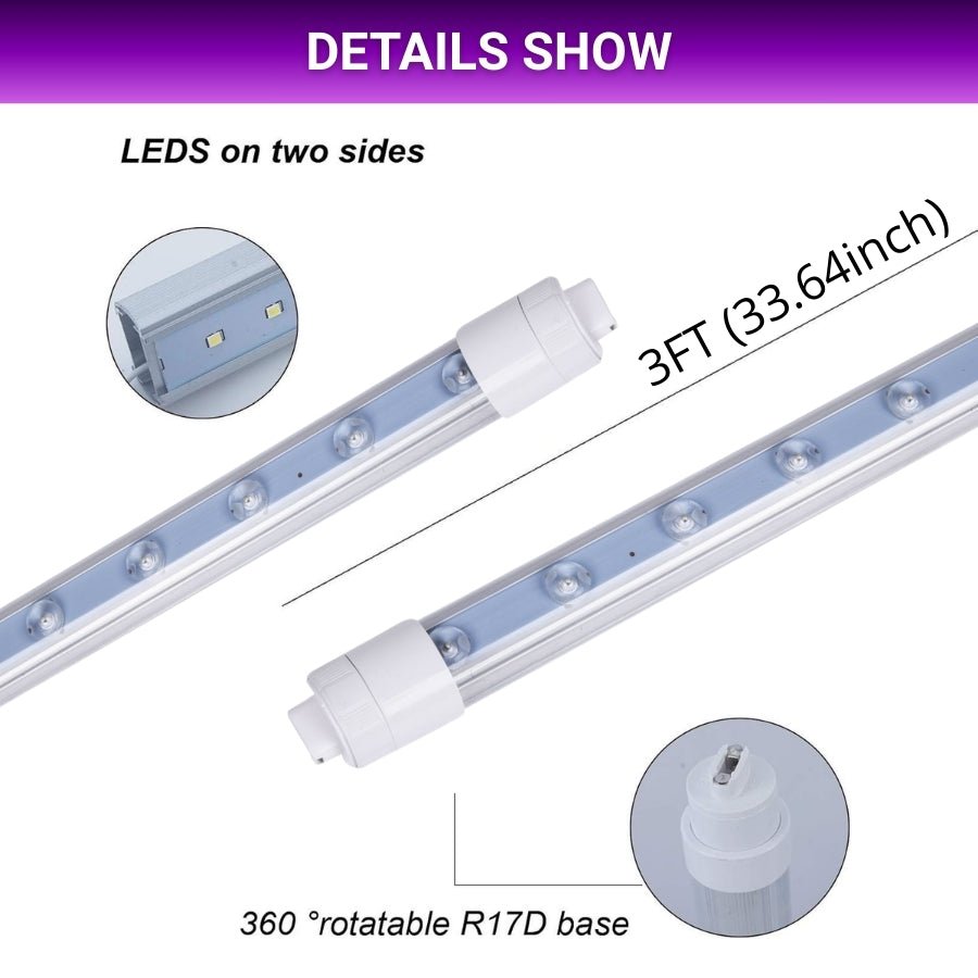 LED Shop Light 3FT 20W Tube, Double-Sided R17D, 360° Rotatable Base, 6500K Cool White, Ballast Bypass, Striped Cover, 100-277V - Ideal for Sign Boards, Shops & Advertisement Lighting