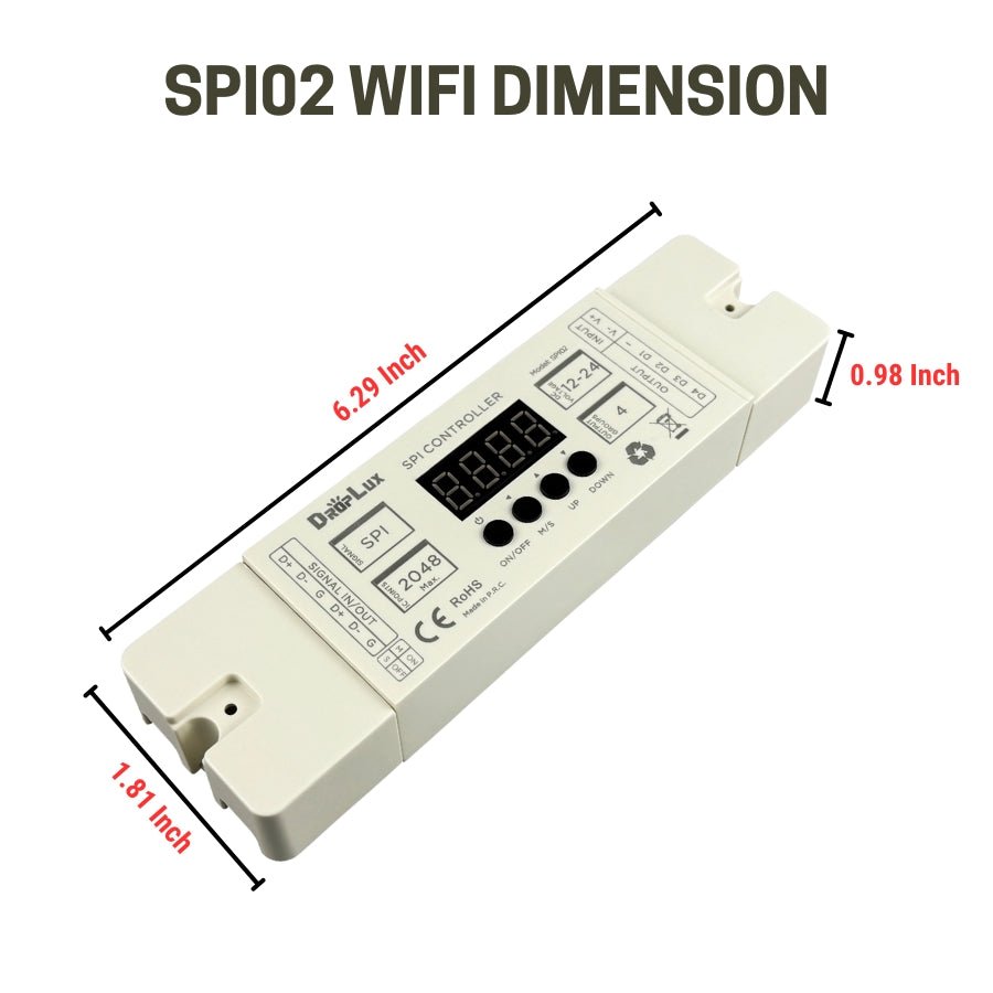 Digital LED Strip Controller SPI02 - 2-in-1 Single Color & CCT, 12-24V DC, 2.4GHz RF Compatible, 2048 Pixels, 4 SPI Outputs, 29 Single Color & 54 CCT Lighting Effects, Memory & Sync Function, for Indoor & Outdoor LED Projects