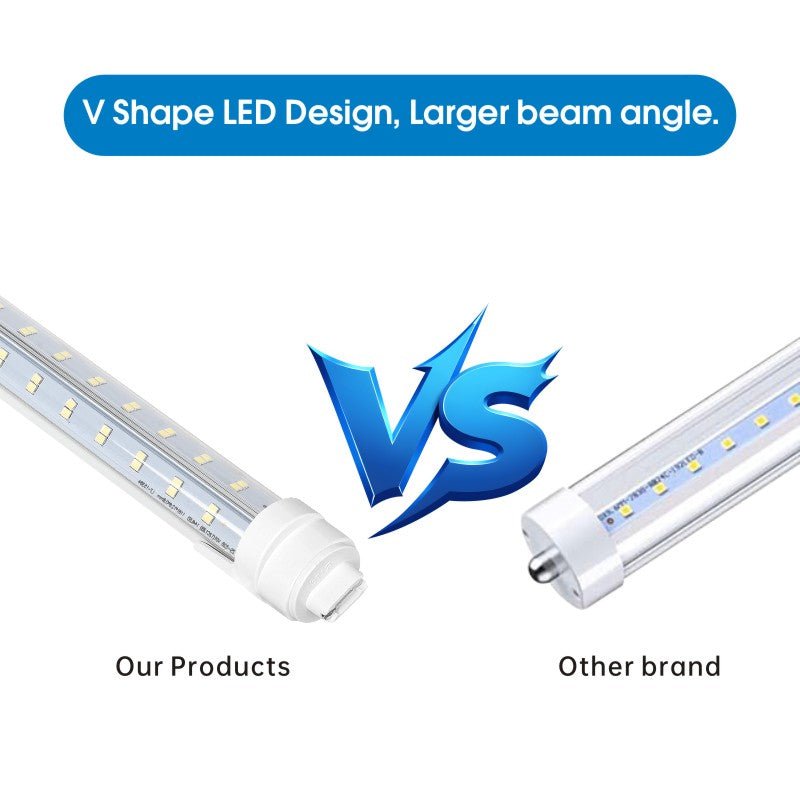 LED Tube Lights – Super Bright 8FT V-Shaped R17D/HO, 80W 10800lm, 270° Angle, 6500K Cool White, 4-Row, Clear Cover, Ballast Bypass, AC100-277V