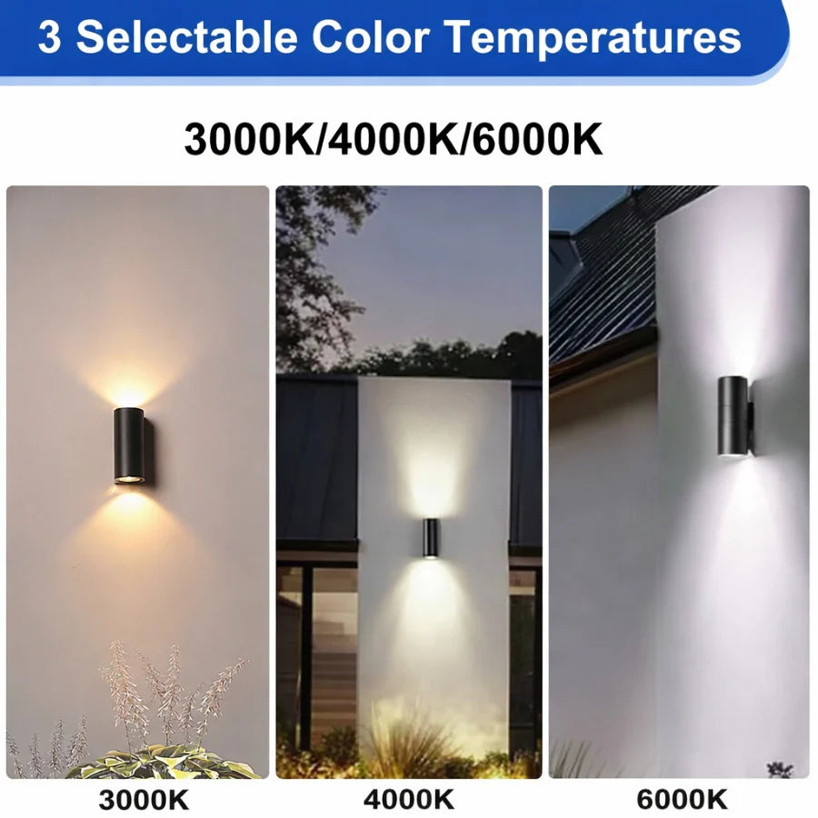 LED Up Down Outdoor Wall Light, 36W x 2, 3CCT 3000K/4000K/6000K Selectable, IP65 Waterproof, Exterior Wall Sconce, 120–277V Wide Voltage, Die-Cast Aluminum, 30° Beam Angle, Anti-Glare, Easy Installation