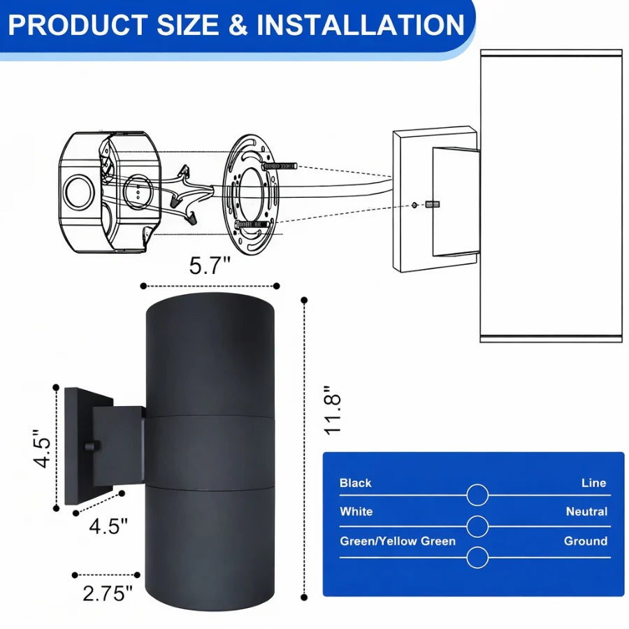 LED Up Down Outdoor Wall Light, 36W x 2, 3CCT 3000K/4000K/6000K Selectable, IP65 Waterproof, Exterior Wall Sconce, 120–277V Wide Voltage, Die-Cast Aluminum, 30° Beam Angle, Anti-Glare, Easy Installation