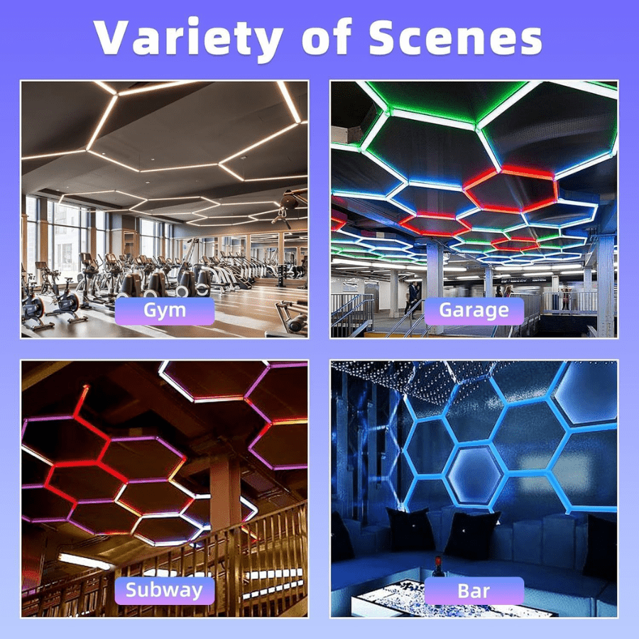 Hexagon LED Garage Lights – RGB LED Ceiling Light Kit, 16 Tube 3-Pack, 358 Color Changing Modes, App & Remote Controlled, IP54 Smart Lighting For Garage, Workshop, Gaming Room, Bar, Party, Hexagon Wall Lights