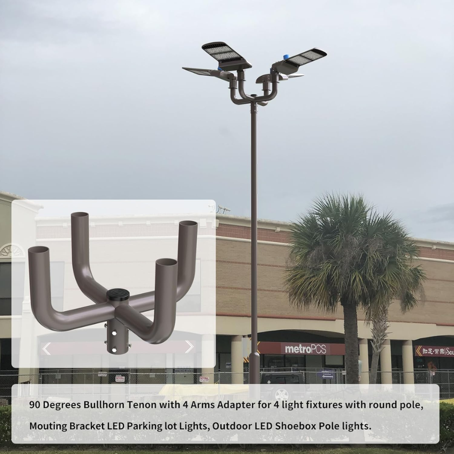 90 Degrees Bullhorn Tenon with 4 Arms Adapter 4 Light fixtures with 2 3/8inch Round Pole, Slip Fitter, Brown Color, Mouting Bracket LED Parking lot Lights, Outdoor LED Shoebox Pole Lights