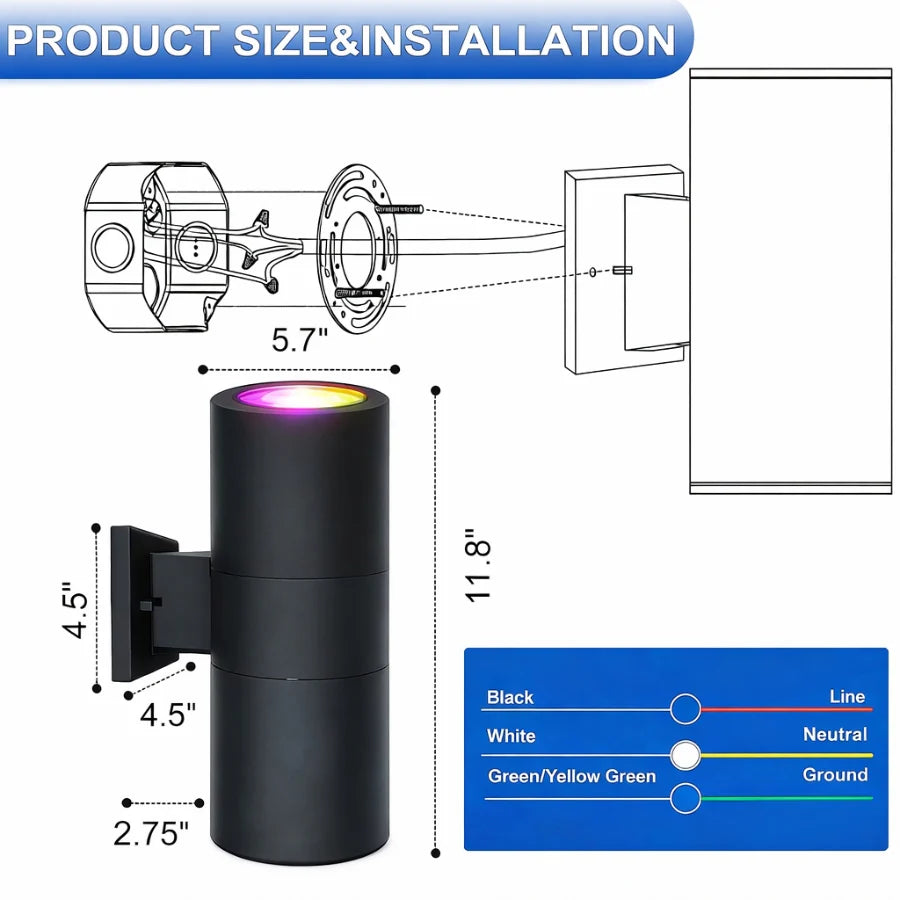 RGBW Outdoor Wall Light with Remote, 72W Up & Down Color Changing LED Sconce, 2700K–6500K Tunable White, IP65 Waterproof Exterior Porch & Patio Light, Die-Cast Aluminum