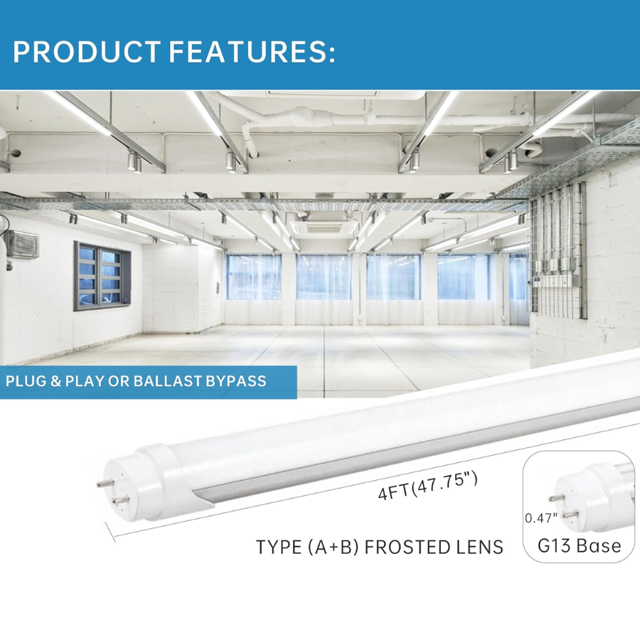 4FT T8 LED Tube Light, Type A+B, 12W/15W/18W/22W, 3000K |3500K| 4000K | 5000K | 6500K, Single And Double End Powered, Plug And Play Or Ballast Bypass, 2860 Lumens, F32T8, 120-277V, Frosted Cover, Pack Optional With Better Price.