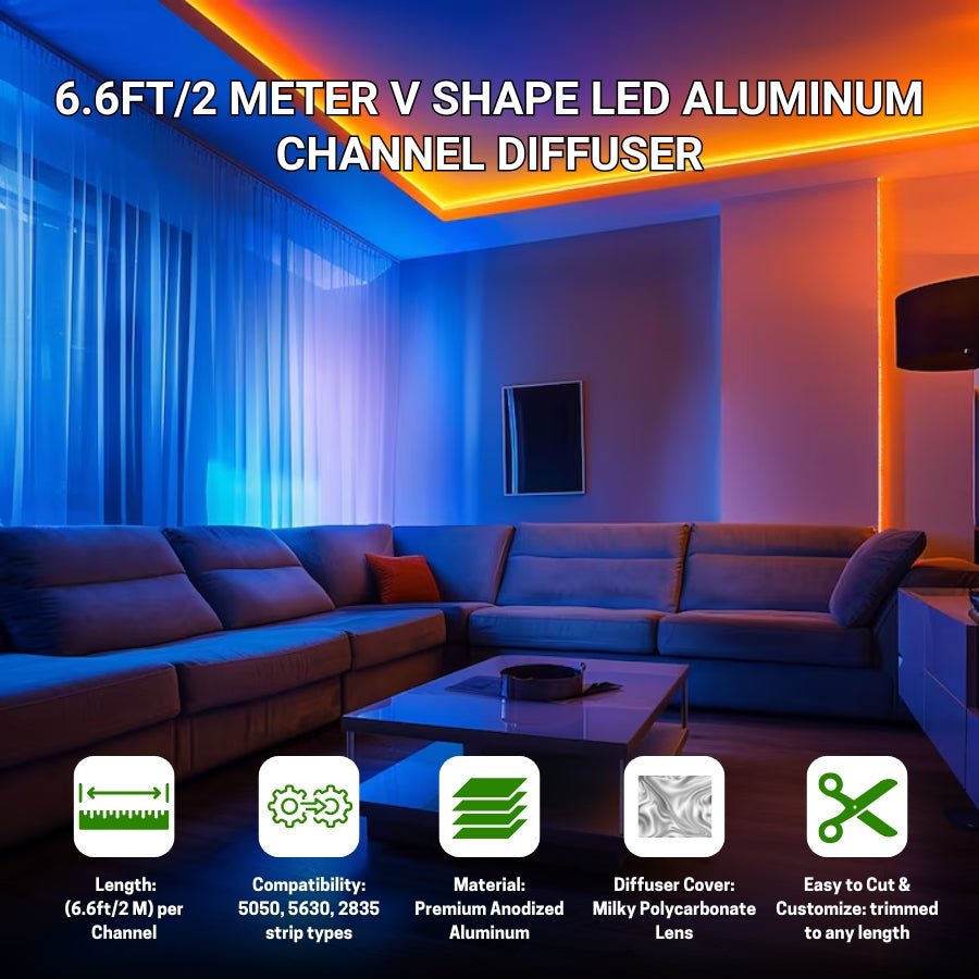 6.6FT 2Meter V Shape LED Strip Aluminum Channel Diffuser System, Extruded Alu Track Milky Cover with Corner Connector and Mounting Kit,Easy Cut and Installed Curved Lens Profile