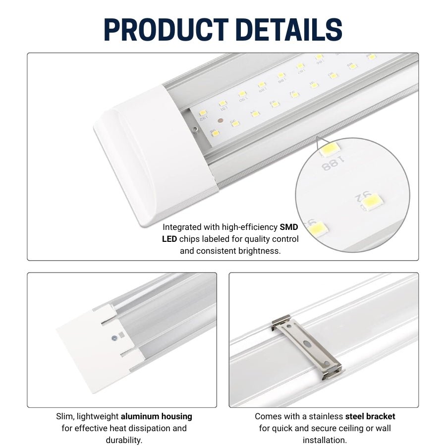 2FT LED Batten Light, Close to Ceiling Light fixtures, 20W, Ultra-Thin Day Light, 5000K, IP20, LED Ceiling Light for Garage, Stores, Warehouse, Office, Corridor, supermarkets