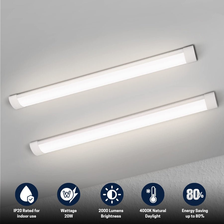 2FT LED Batten Light, Close to Ceiling Light fixtures, 20W, Ultra-Thin Day Light, 5000K, IP20, LED Ceiling Light for Garage, Stores, Warehouse, Office, Corridor, supermarkets