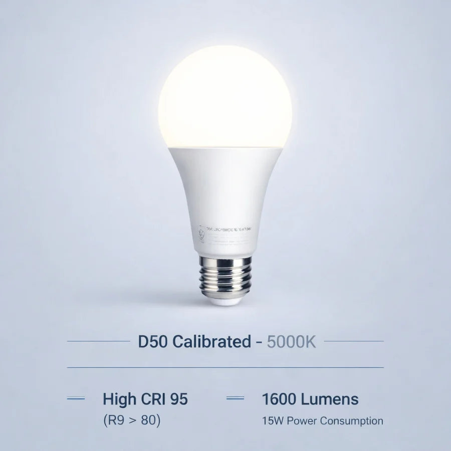 D50 Lighting, A21 LED Light Bulb, 100W Equivalent, Daylight 5000K, 1600 Lumens, E26 Base, High CRI 95, Non-Dimmable, 15W Bulb for Color-Critical Applications