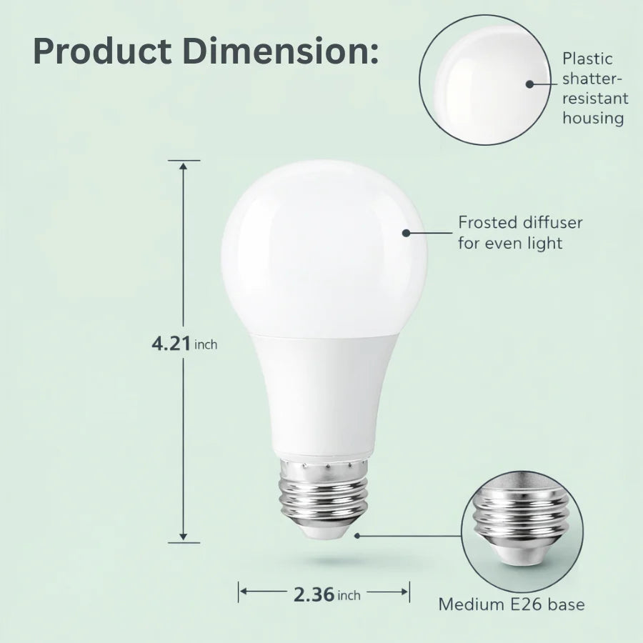 LED A19 Bulb, 9W (60W Incandescent Equivalent), 750 Lumens, 5000K Daylight White, E26 Medium Base, 220° Wide Beam, UL Damp Rated, Frosted, Energy Efficient, 10,000 Hour Lifespan