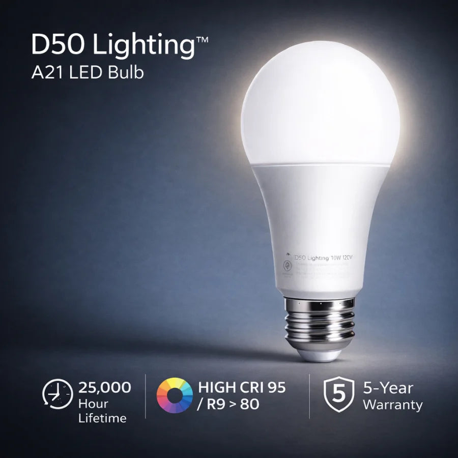 D50 Lighting, A21 LED Light Bulb, 100W Equivalent, Daylight 5000K, 1600 Lumens, E26 Base, High CRI 95, Non-Dimmable, 15W Bulb for Color-Critical Applications