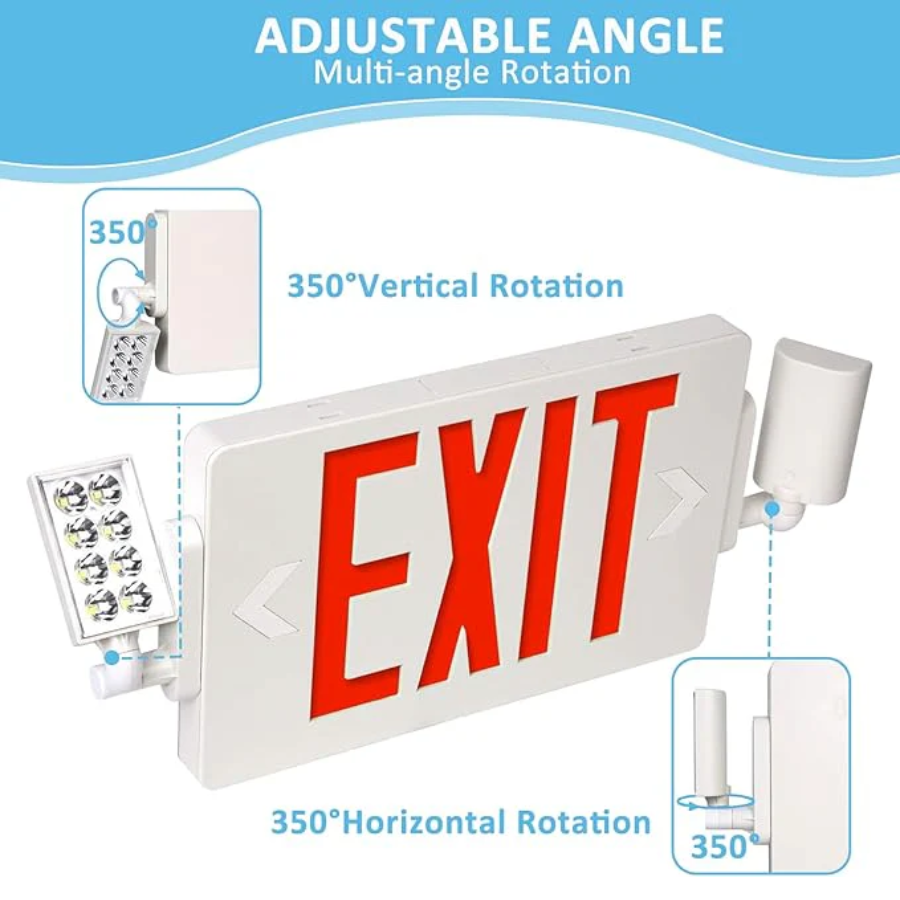 Double Sided LED Emergency EXIT Sign Combo, Two LED Lights, Backup Battery, US Standard Red Letter Emergency Exit Lighting, Commercial Grade, 120-277V, Fire Resistant (UL 94V-0)