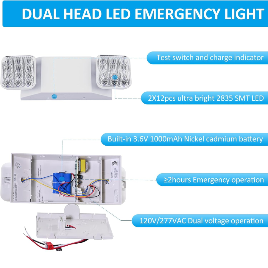 Indoor Emergency Lights with Battery Backup (90 Minutes), 2 Adjustable LED Heads, Wall Mount, Hardwired, Test Switch, Charge Indicator, 120-277V, Fire Resistant (UL 94V-0)