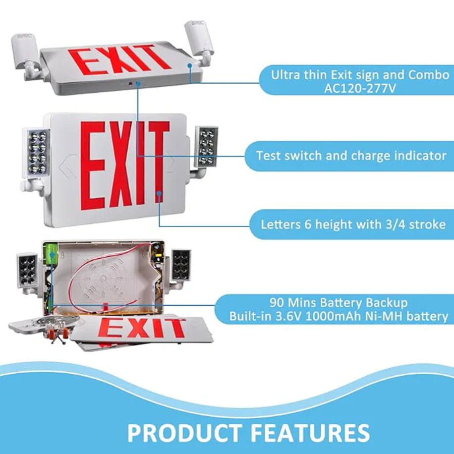 Double Sided LED Emergency EXIT Sign Combo, Two LED Lights, Backup Battery, US Standard Red Letter Emergency Exit Lighting, Commercial Grade, 120-277V, Fire Resistant (UL 94V-0)