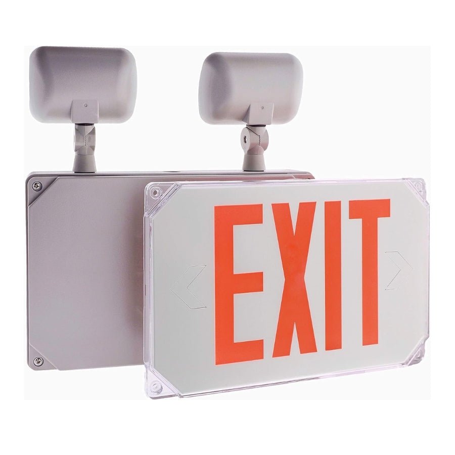 Wet Location Exit Sign Emergency Light – Red LED Weatherproof Outdoor Combo Unit with Battery Backup, Double Face, UL Certified, AC 120V/277V, Ideal for Commercial & Industrial Use